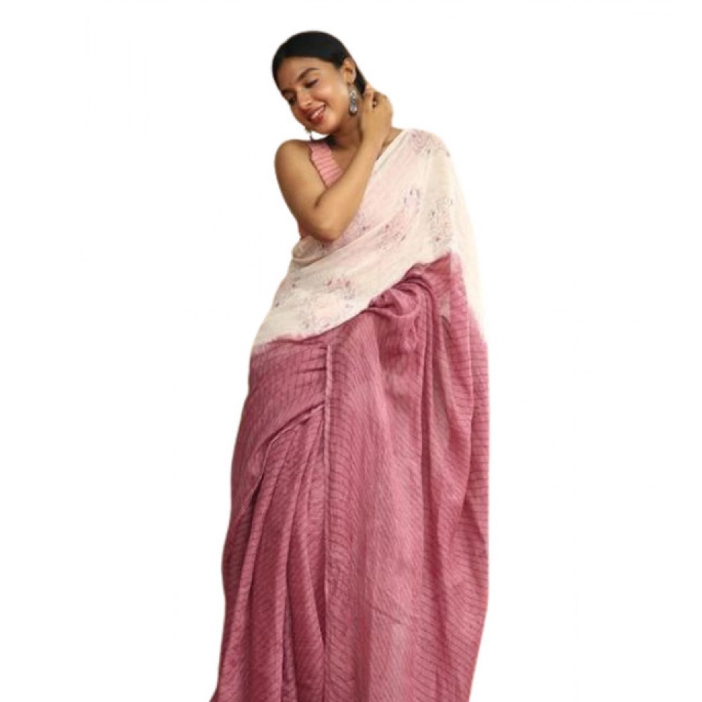 Women's Linen Printed Saree With Unstitched Blouse 5.5Mtr (White)