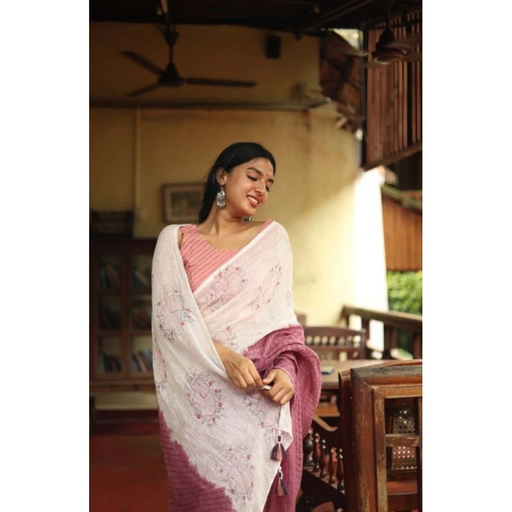 Women's Linen Printed Saree With Unstitched Blouse 5.5Mtr (White) - Image 3
