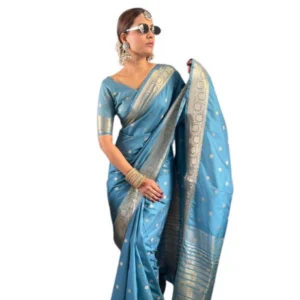 Women's Satin Printed Saree With Unstitched Blouse 5.5Mtr (light Blue)