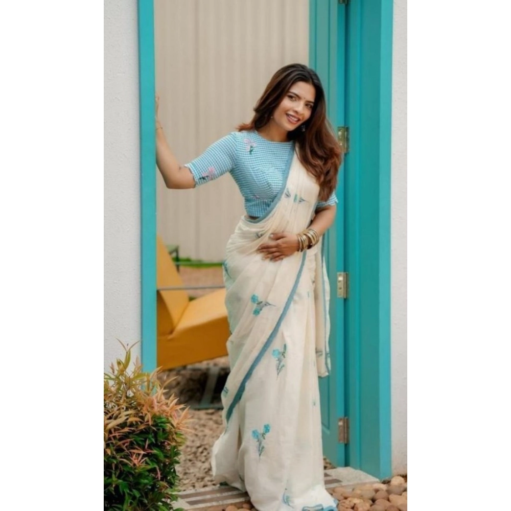 Women's Linen Printed Saree With Unstitched Blouse 5.5Mtr (White) - Image 2