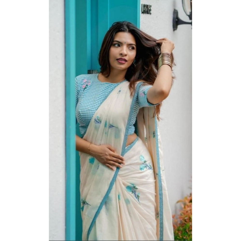 Women's Linen Printed Saree With Unstitched Blouse 5.5Mtr (White) - Image 3