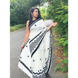 Women's Linen Printed Saree With Unstitched Blouse 5.5Mtr (White)