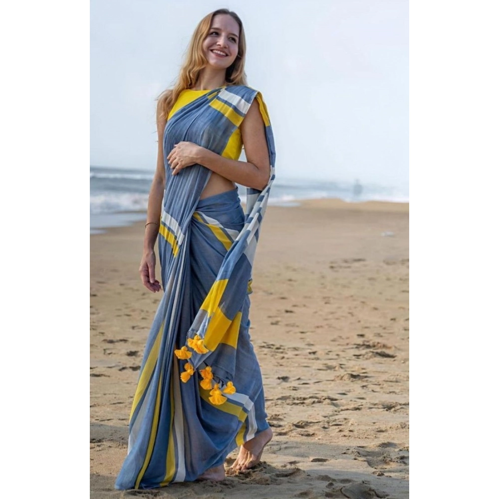 Women's Linen Printed Saree With Unstitched Blouse 5.5Mtr (Blue) - Image 2
