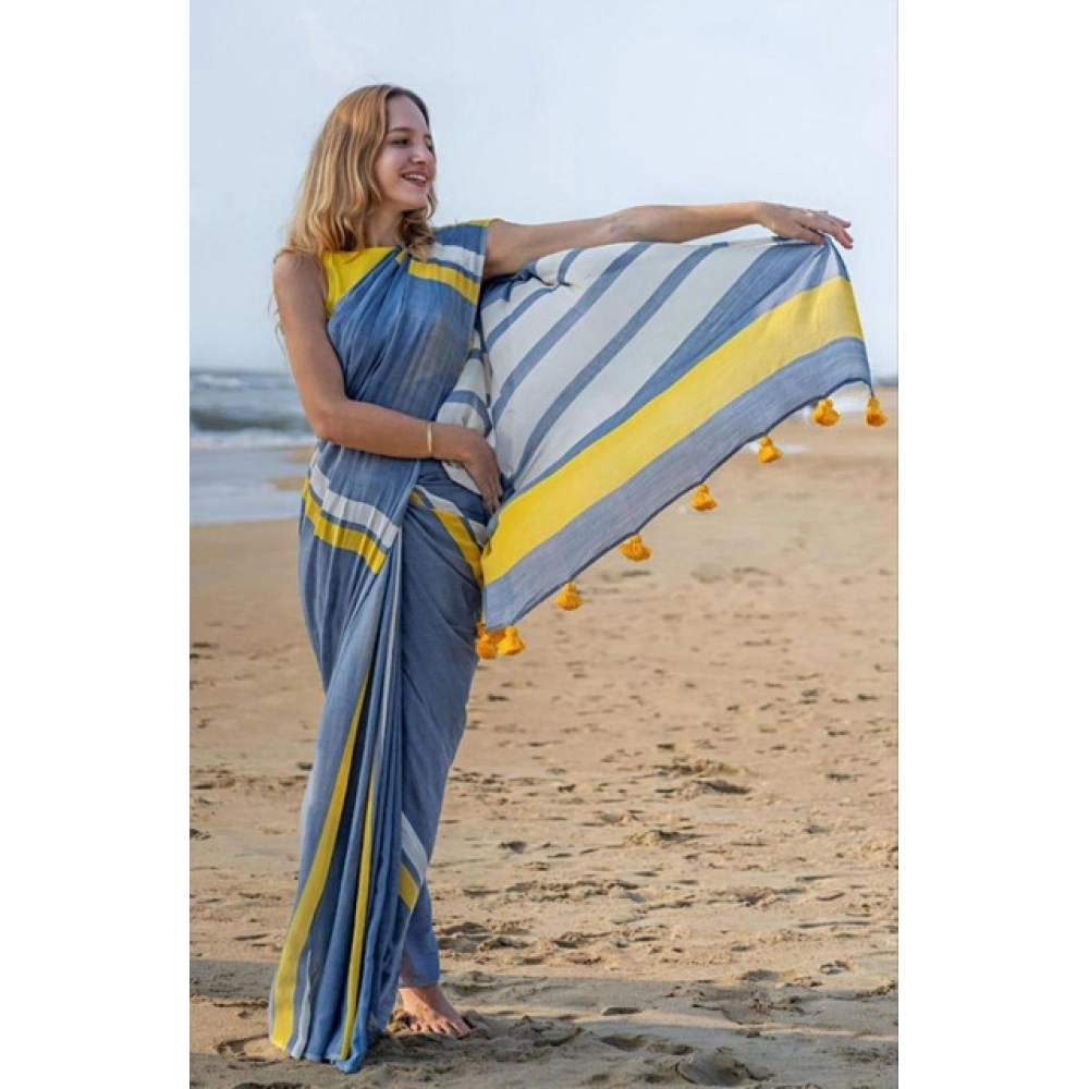 Women's Linen Printed Saree With Unstitched Blouse 5.5Mtr (Blue) - Image 3