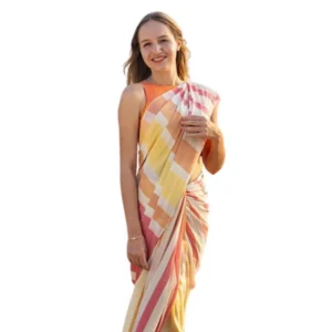 Women's Linen Printed Saree With Unstitched Blouse 5.5Mtr (Yellow)
