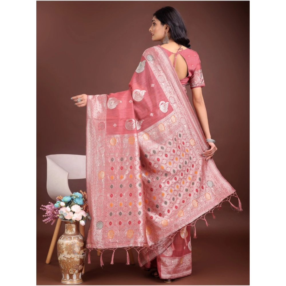 Women's Linen Cotton Printed Saree With Unstitched Blouse 5.5Mtr (Pink) - Image 2