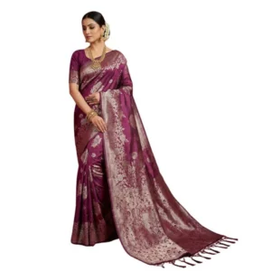 Women's Silk Blend Printed Saree With Unstitched Blouse 5.5Mtr (Purple)
