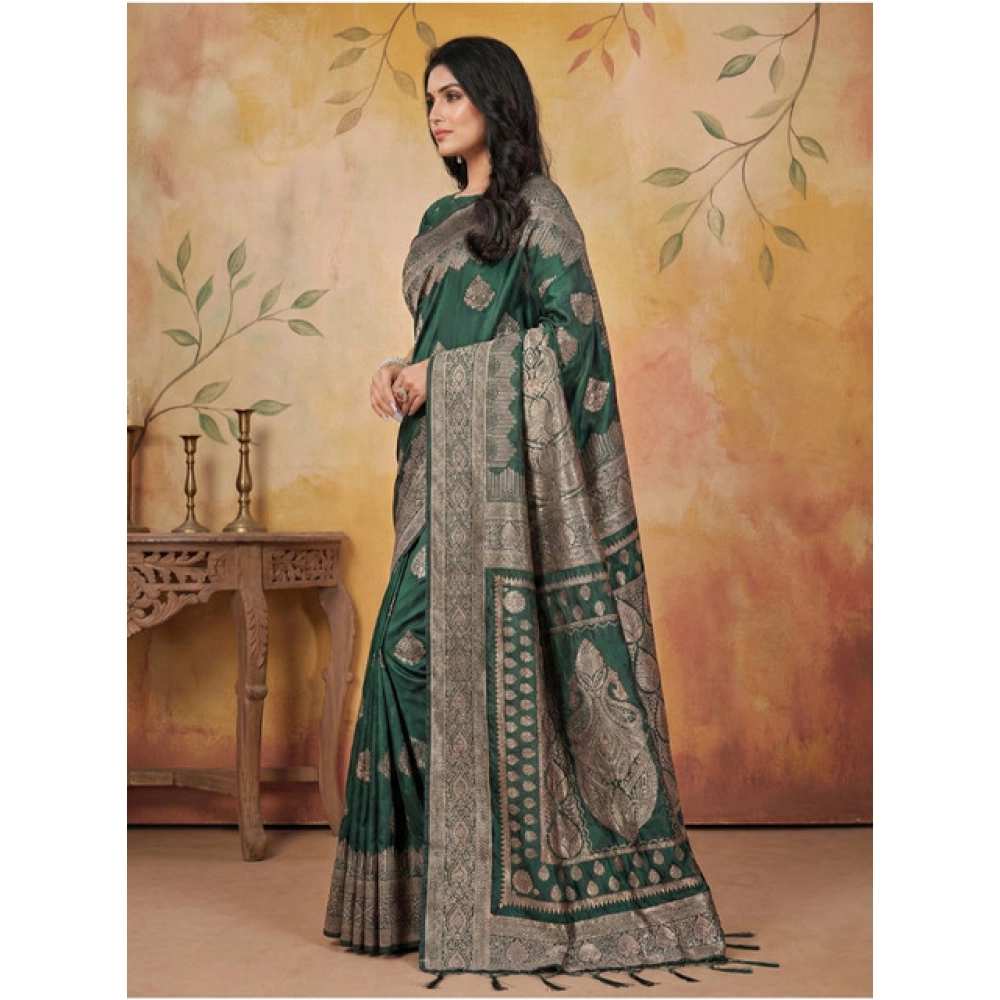 Women's Silk Blend Printed Saree With Unstitched Blouse 5.5Mtr (Green) - Image 3