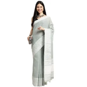 Women's Linen Printed Saree With Unstitched Blouse 5.5Mtr (Sea Green)