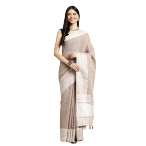 Women's Linen Printed Saree With Unstitched Blouse 5.5Mtr (Beige)