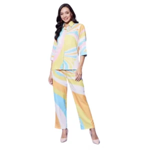 Women's Polyester Colour Blocking 3-4th Sleeve Co-Ord Set (Multicolor)