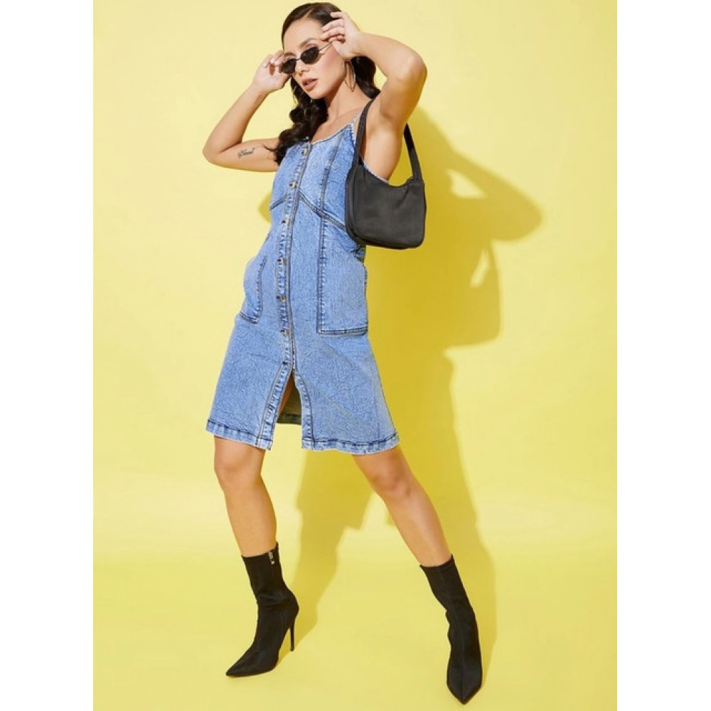 Women's Denim Solid Sleeveless Dress (Blue) - Image 3