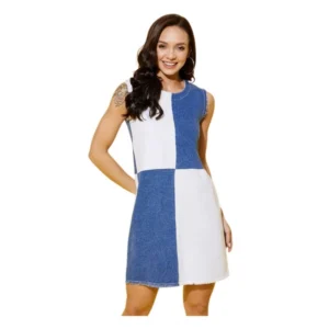Women's Denim Color Blocking Sleeveless Dress (Blue)