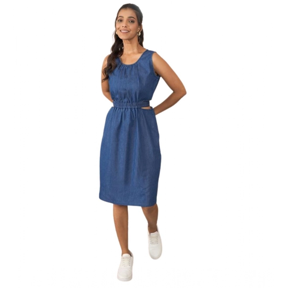 Women's Denim Solid Sleeveless Dress (Blue)