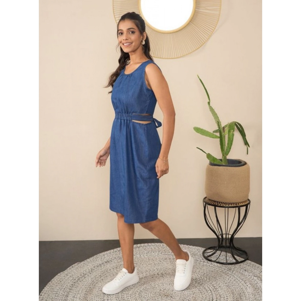 Women's Denim Solid Sleeveless Dress (Blue) - Image 2