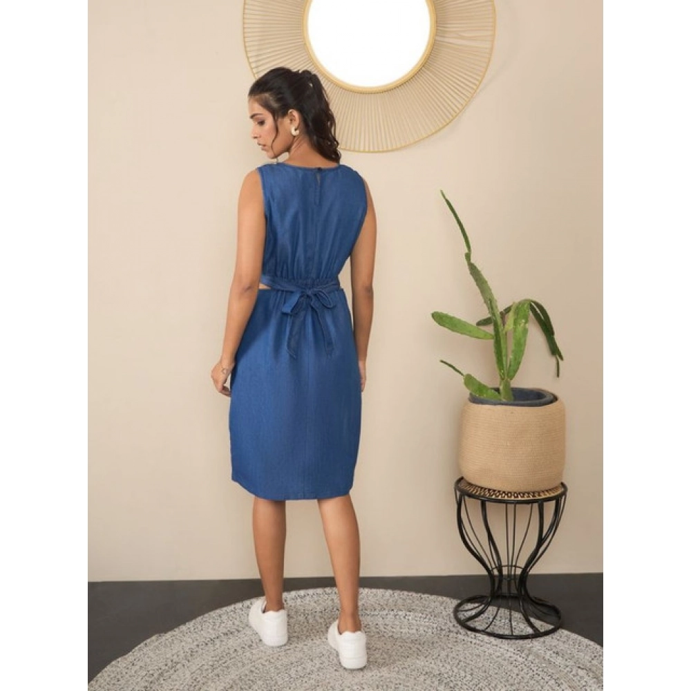 Women's Denim Solid Sleeveless Dress (Blue) - Image 3