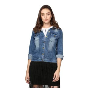 Women's Denim Washed Long Sleeves Jacket (Blue)