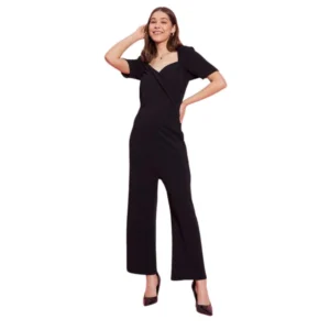 Women's Polyester Lycra Solid Puff Sleeve Jumpsuit (Black)