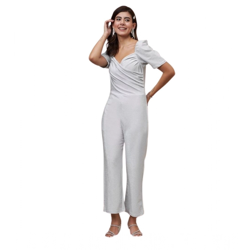 Women's Polyester Shimmer Self Design Short Sleeve Jumpsuit (Silver)