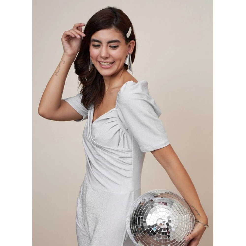 Women's Polyester Shimmer Self Design Short Sleeve Jumpsuit (Silver) - Image 2