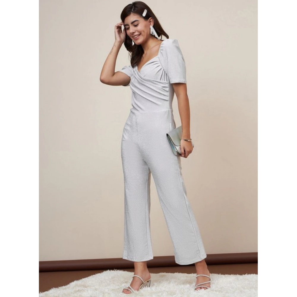 Women's Polyester Shimmer Self Design Short Sleeve Jumpsuit (Silver) - Image 3