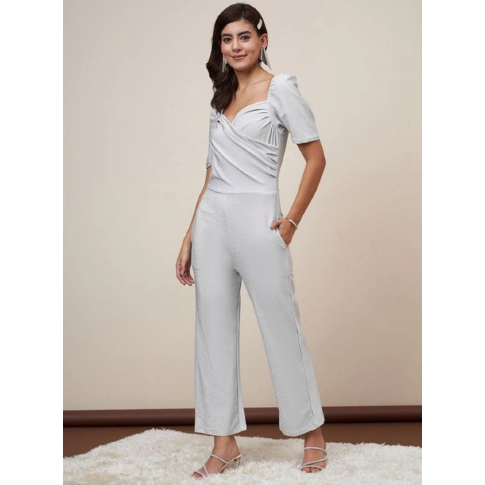 Women's Polyester Shimmer Self Design Short Sleeve Jumpsuit (Silver) - Image 4