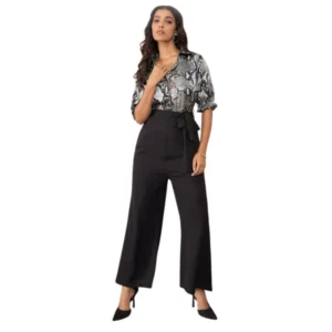 Women's Satin And Polyester Floral Half Sleeves Jumpsuit (Grey - Black)