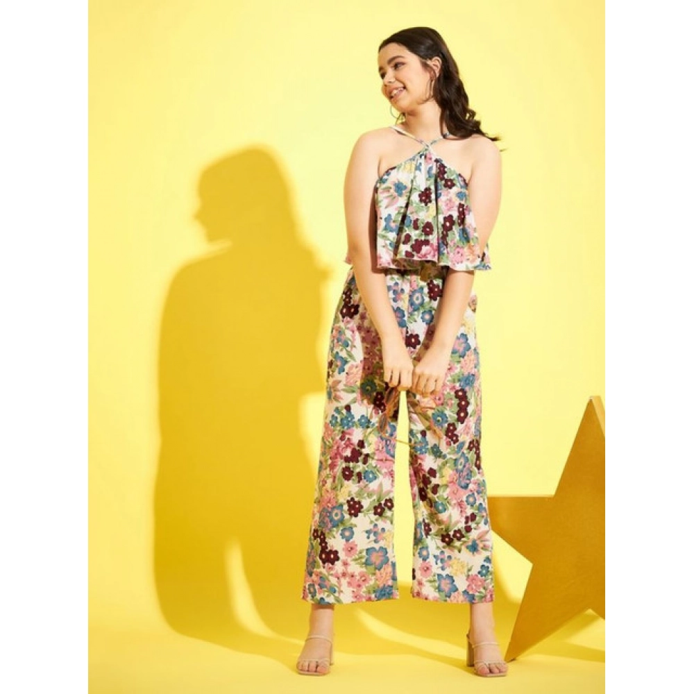 Girl's Polyester Crepe Floral Sleeveless Jumpsuit (Multicolor) - Image 2