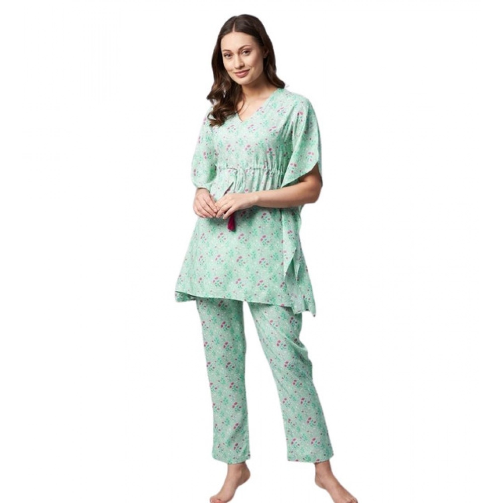 Women's Rayon Floral Kaftan Sleeve Night Suit (Green - Pink)