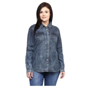 Women's Denim Solid Long Sleeves Shirt (Blue)