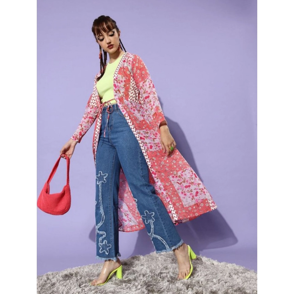 Women's Polyester Floral Long Sleeves Shrug (Pink-Coral) - Image 4