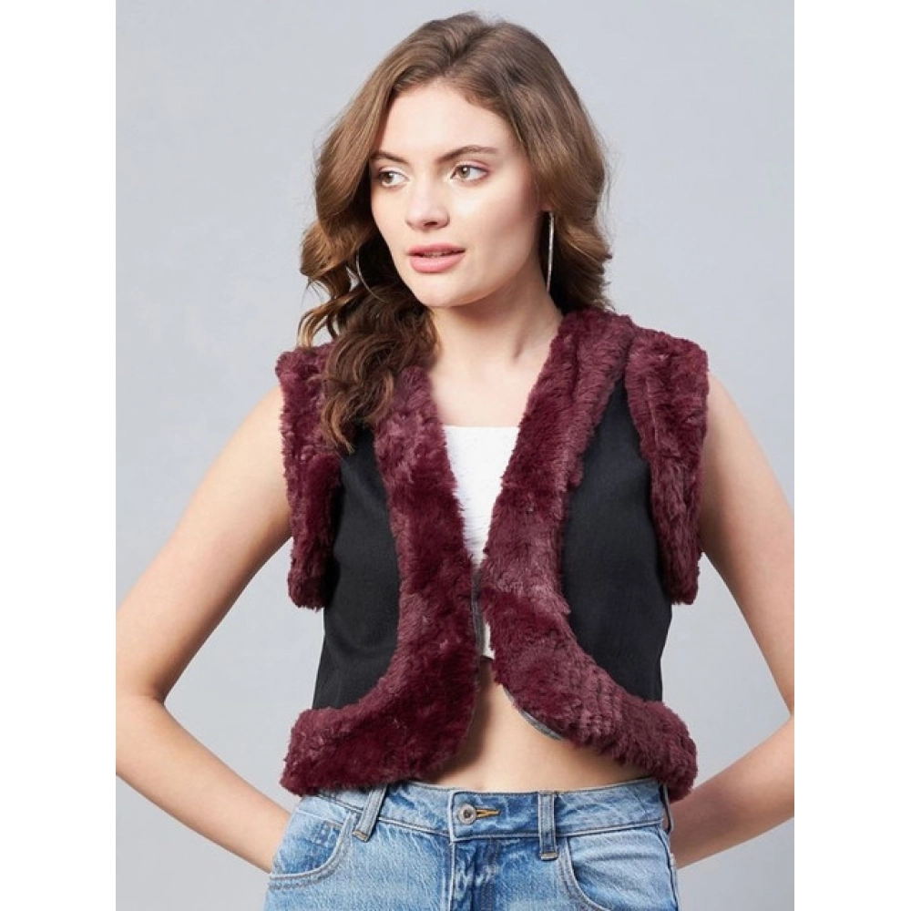 Women's Denim And Fur Solid Sleeveless Shrug (Black - Maroon) - Image 4