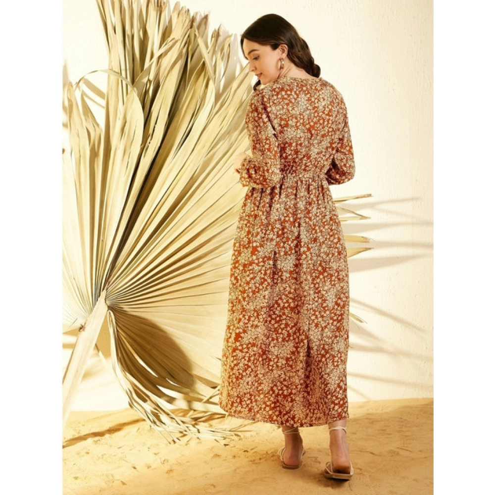 Women's Polyester Floral Long Sleeves Shrug (Brown) - Image 2