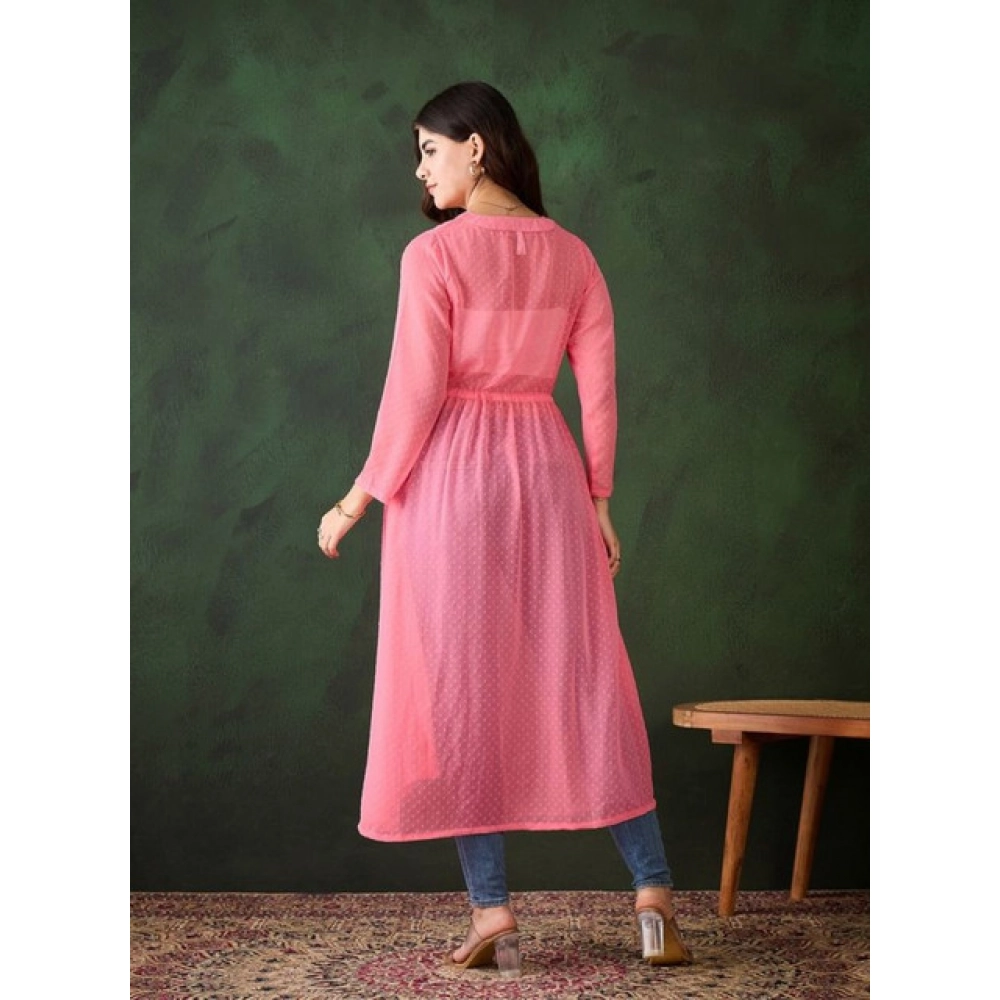 Women's Chiffon Self Design Long Sleeves Shrug (Pink) - Image 4