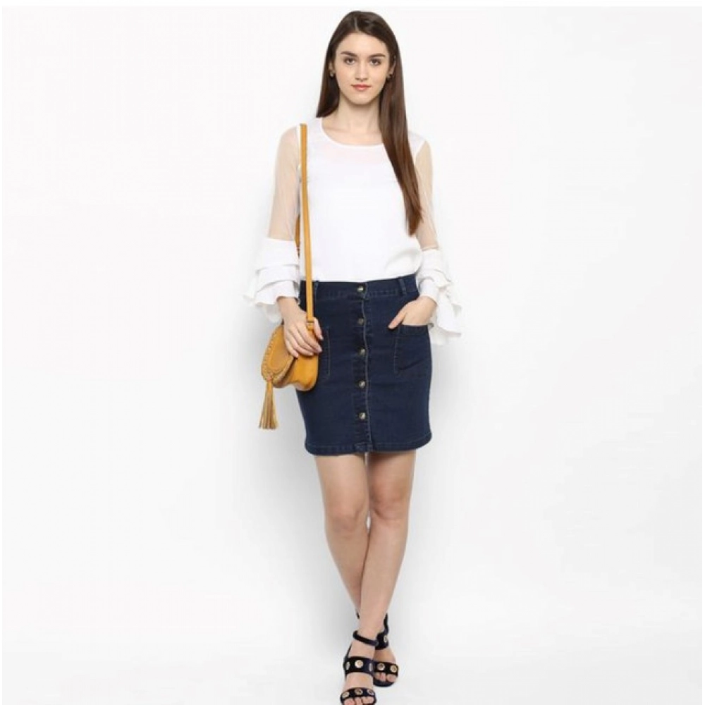 Women's Denim Front Button Buttoned Skirt (Blue) - Image 3