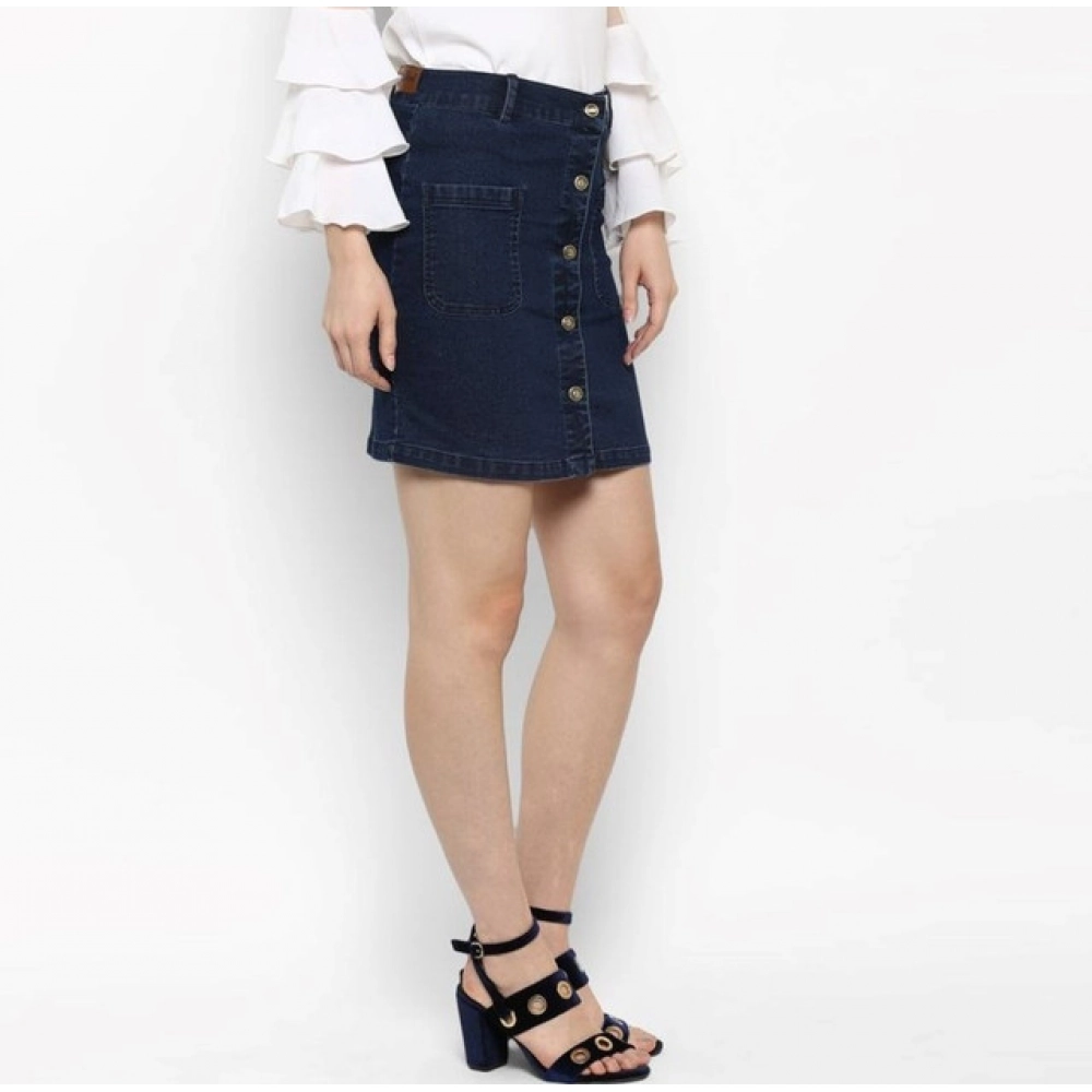 Women's Denim Front Button Buttoned Skirt (Blue) - Image 4