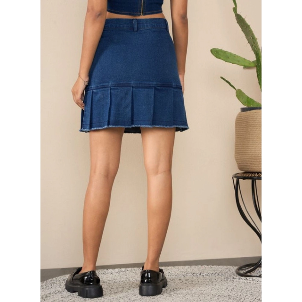 Women's Denim Washed Buttoned Skirt (Blue) - Image 2