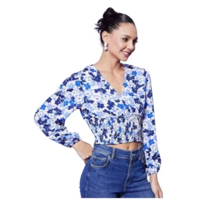 Women's Polyester Floral Long Sleeves Top (Blue)