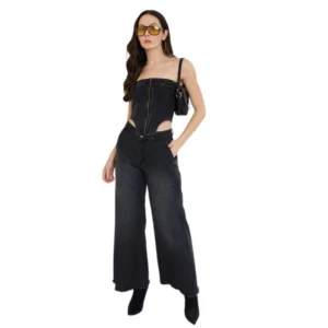 Women's Denim Lycra Solid Sleeveless Top (Black)