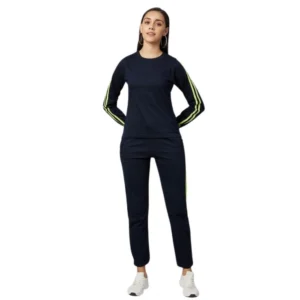 Women's Cotton Solid Long Sleeves Tracksuit (Navy - Green)