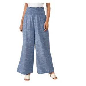Women's Cotton Self Design Smocked Trousers (Blue)