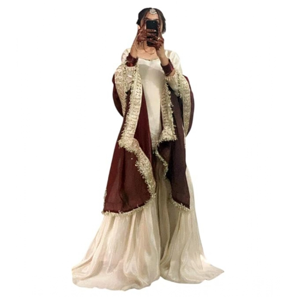 Women's Silk Embroidered 3/4th Sleeve V-Neck Kurti With Sharara Pant and Dupatta Set (Cream & Brown) - Image 2