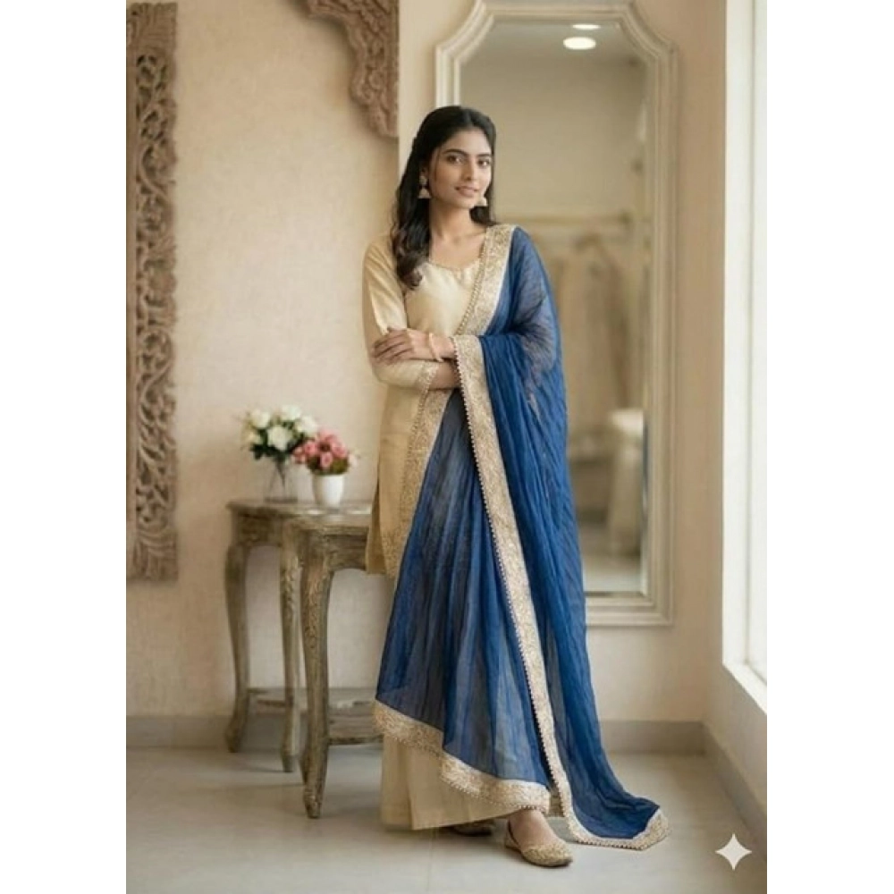 Women's Silk Embroidered 3/4th Sleeve V-Neck Kurti With Sharara Pant and Dupatta Set (Cream & Blue) - Image 3