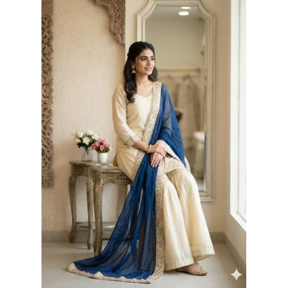 Women's Silk Embroidered 3/4th Sleeve V-Neck Kurti With Sharara Pant and Dupatta Set (Cream & Blue) - Image 4