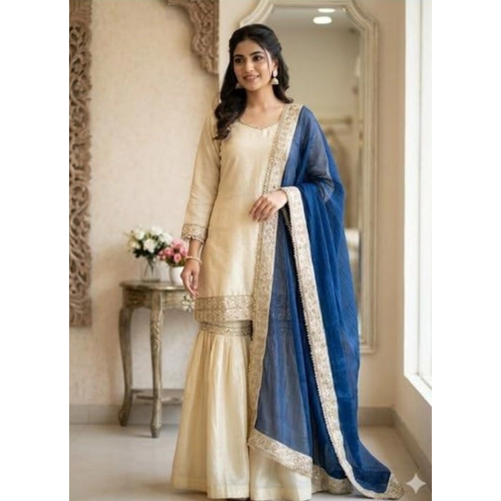 Women's Silk Embroidered 3/4th Sleeve V-Neck Kurti With Sharara Pant and Dupatta Set (Cream & Blue) - Image 5