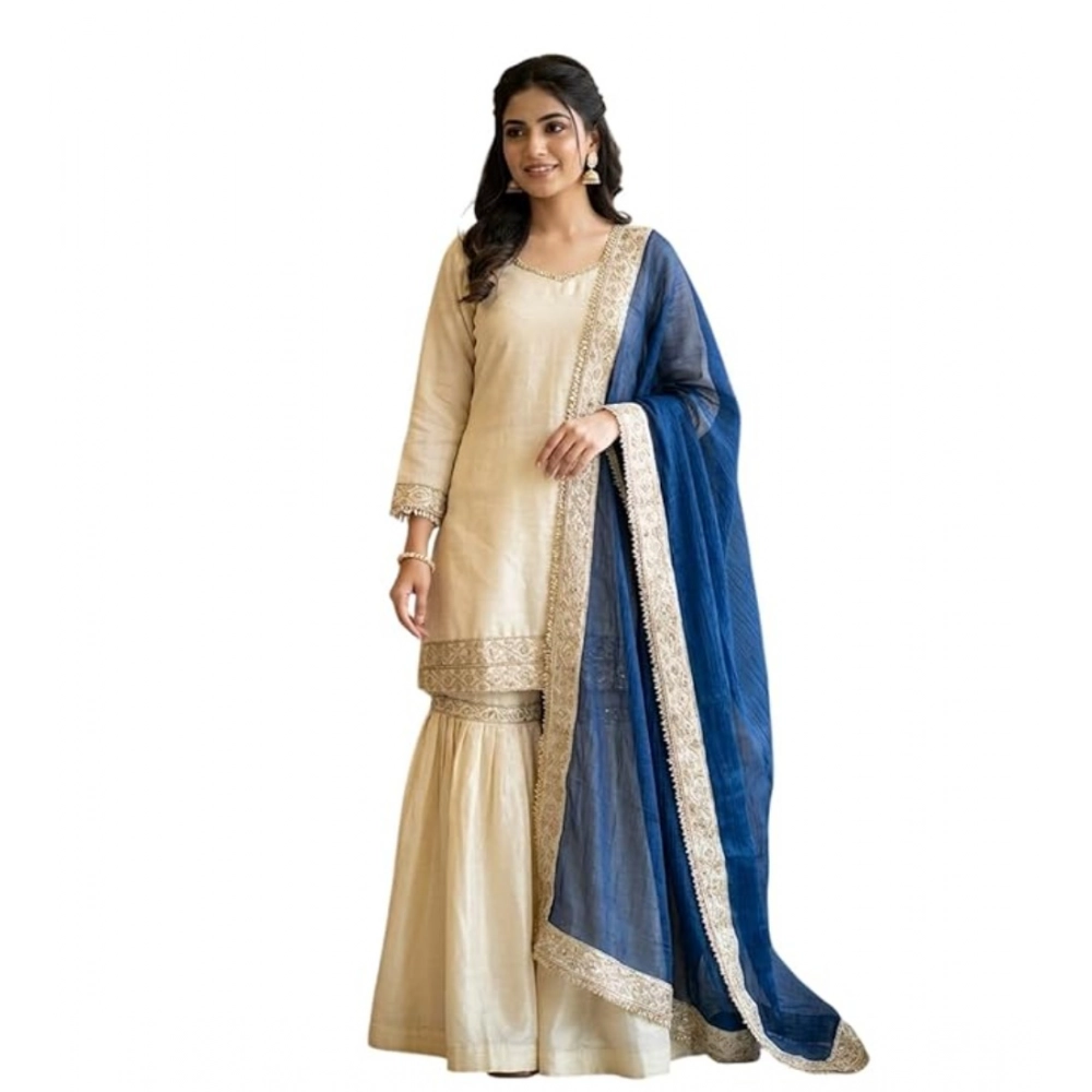 Women's Silk Embroidered 3/4th Sleeve V-Neck Kurti With Sharara Pant and Dupatta Set (Cream & Blue) - Image 2
