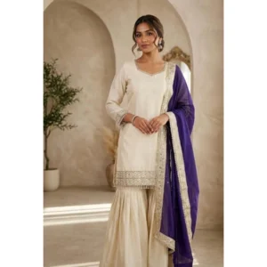 Women's Silk Embroidered 3/4th Sleeve V-Neck Kurti With Sharara Pant and Dupatta Set (Cream & Purple)