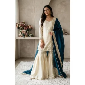 Women's Silk Embroidered 3/4th Sleeve V-Neck Kurti With Sharara Pant and Dupatta Set (Cream & Teal)