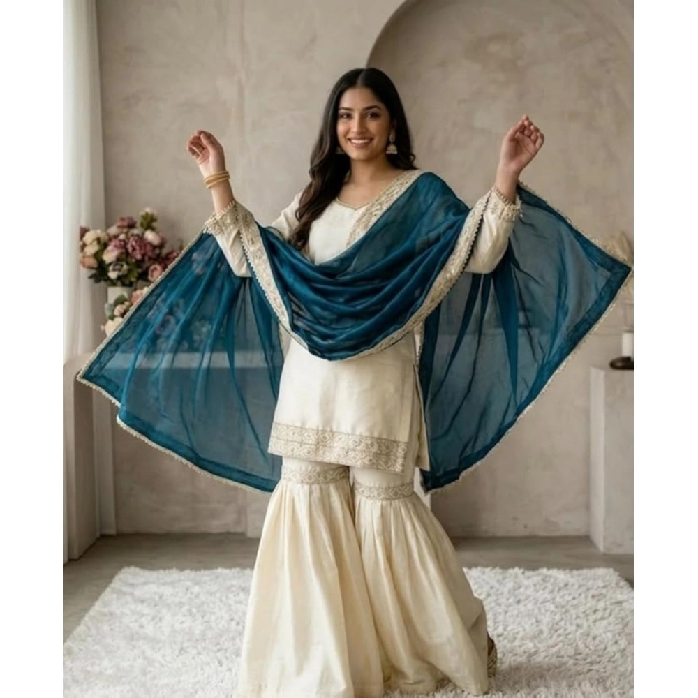 Women's Silk Embroidered 3/4th Sleeve V-Neck Kurti With Sharara Pant and Dupatta Set (Cream & Teal) - Image 3
