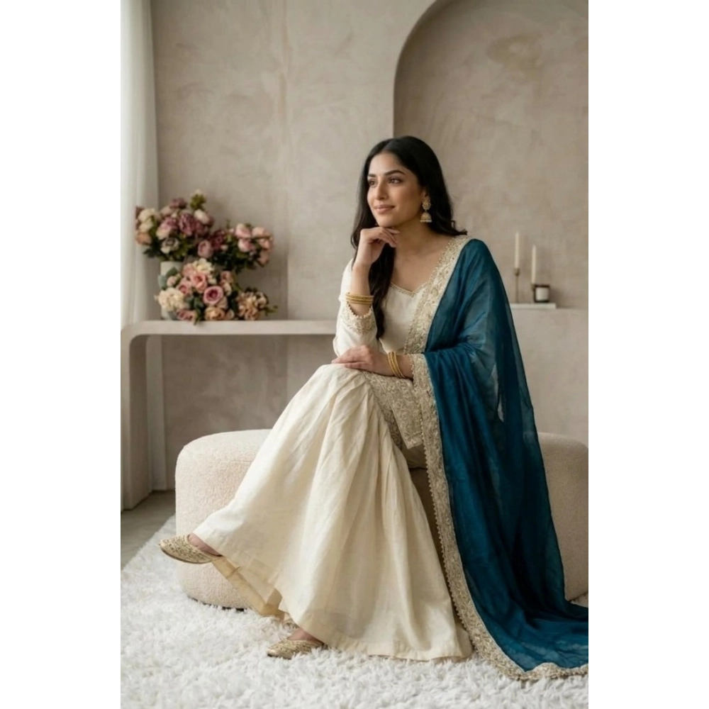 Women's Silk Embroidered 3/4th Sleeve V-Neck Kurti With Sharara Pant and Dupatta Set (Cream & Teal) - Image 4